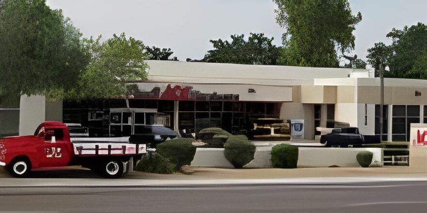 Classic vehicle in front of office complex